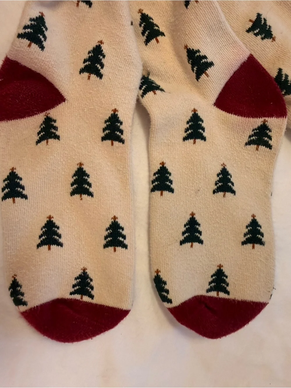 Little Stocking Co. beige cotton tights with Green Tree Pattern and Maroon Toe
